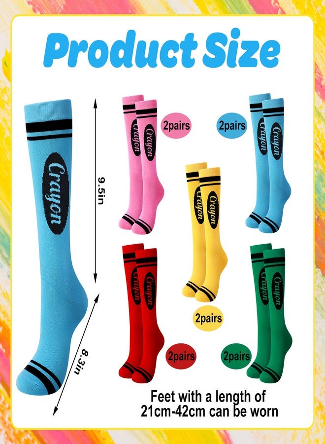 LFUTARI 10 Pairs Halloween Colorful Crayon Socks, Breathable Crayon Striped Stockings, Cozy 5 Colors Knee High Neon Socks for Back to School Halloween Costume Family Teacher Student - Image 2